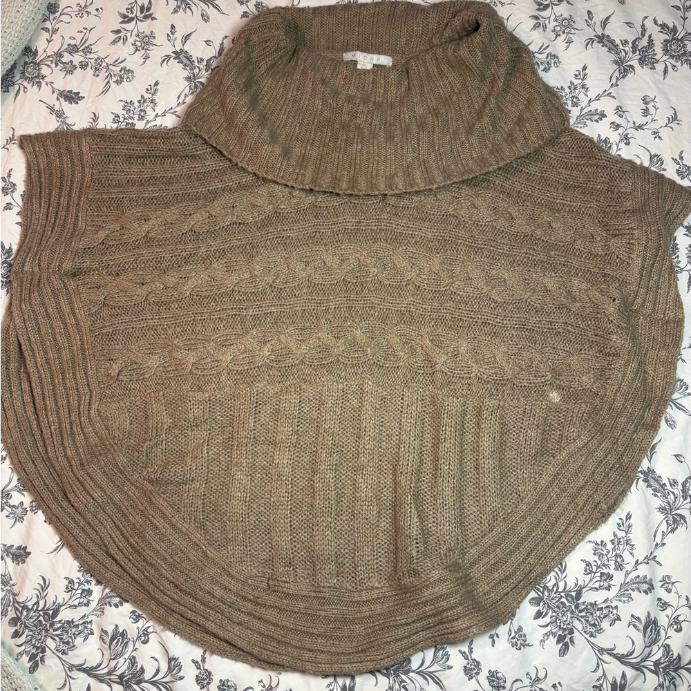 MICHA Cable Knit Cowl Neck Poncho Sweater Taupe Size XL